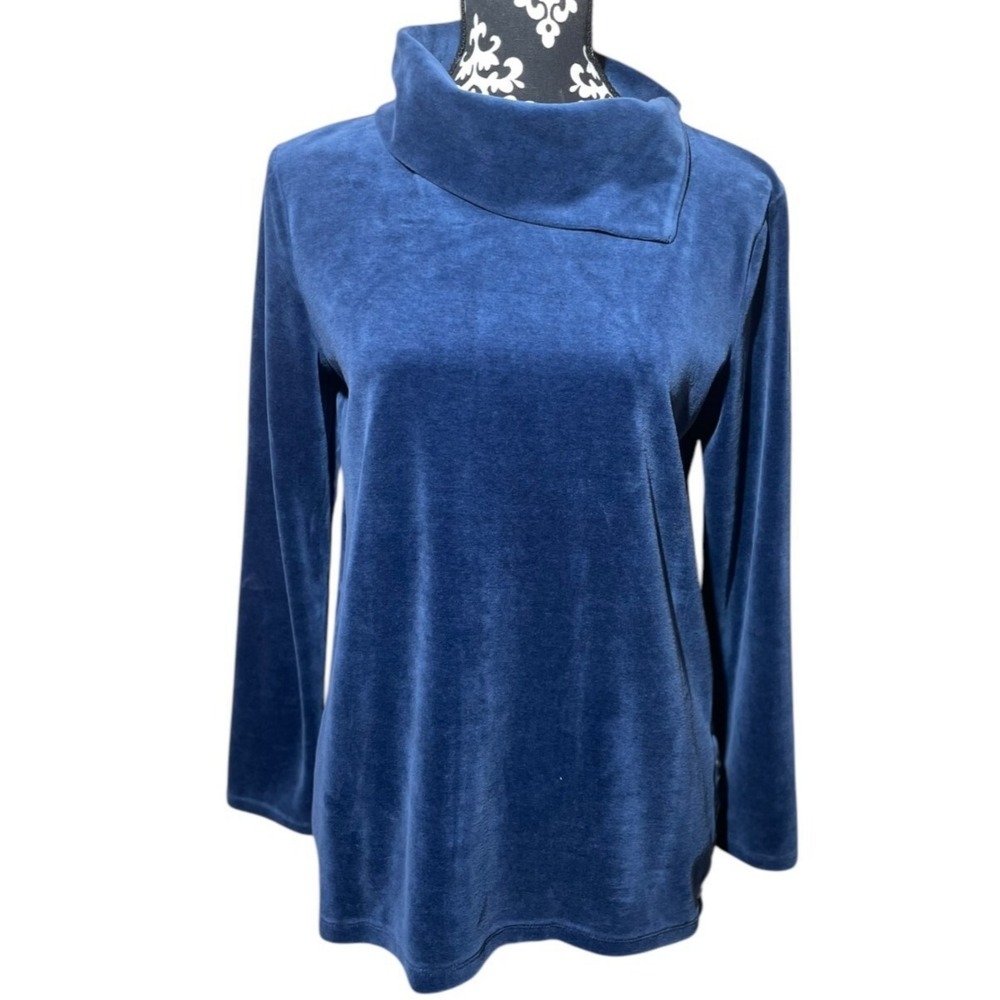 Talbots Tunic‎ Cowl Neck M Blue Velour Classic Preppy Cozy Mature